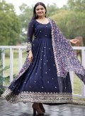 Faux Georgette Gown in Navy Blue Enhanced with Embroidered - 3