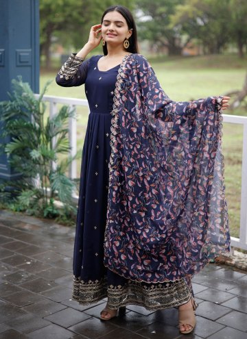 Faux Georgette Gown in Navy Blue Enhanced with Emb