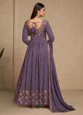 Faux Georgette Gown in Purple Enhanced with Embroidered - 1