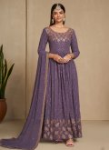 Faux Georgette Gown in Purple Enhanced with Embroidered - 2