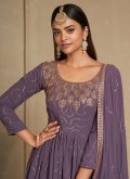 Faux Georgette Gown in Purple Enhanced with Embroidered - 3