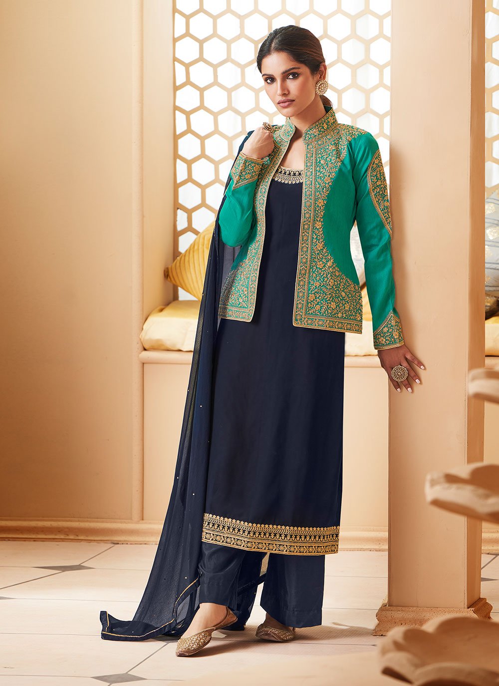 Faux Georgette Jacket Style Suit in Navy Blue Enhanced with Embroidered