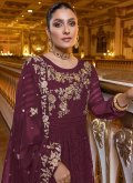Faux Georgette Pakistani Suit in Purple Enhanced with Embroidered - 1