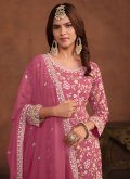 Faux Georgette Palazzo Suit in Pink Enhanced with Embroidered - 1