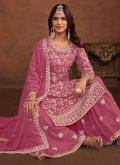 Faux Georgette Palazzo Suit in Pink Enhanced with Embroidered - 2