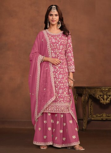 Faux Georgette Palazzo Suit in Pink Enhanced with 