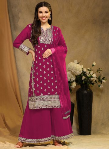 Faux Georgette Palazzo Suit in Rani Enhanced with 