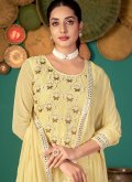 Faux Georgette Pant Style Suit in Yellow Enhanced with Embroidered - 2