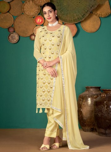 Faux Georgette Pant Style Suit in Yellow Enhanced with Embroidered