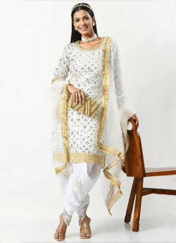 Faux Georgette Patiala Suit in White Enhanced with Embroidered