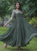 Faux Georgette Readymade Designer Gown in Green Enhanced with Embroidered - 1