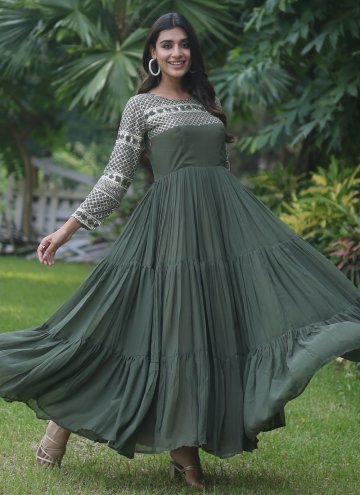 Faux Georgette Readymade Designer Gown in Green Enhanced with Embroidered