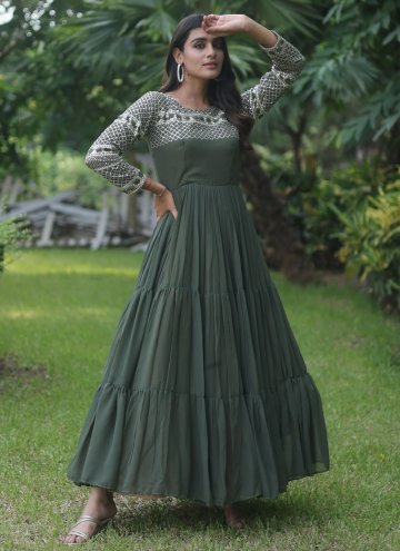 Faux Georgette Readymade Designer Gown in Green Enhanced with Embroidered