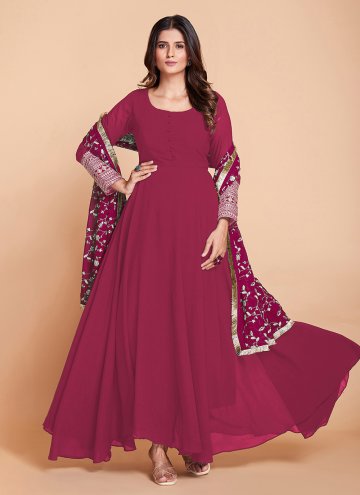 Faux Georgette Readymade Designer Gown in Hot Pink Enhanced with Zari Work