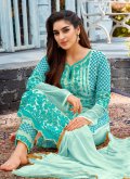Faux Georgette Salwar Suit in Aqua Blue Enhanced with Embroidered - 1