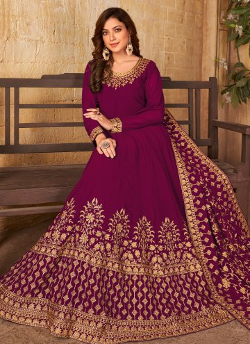 Faux Georgette Salwar Suit in Maroon Enhanced with Embroidered
