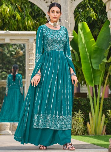 Faux Georgette Salwar Suit in Teal Enhanced with E