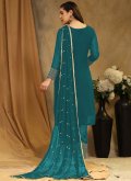 Faux Georgette Salwar Suit in Teal Enhanced with Embroidered - 1