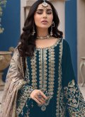 Faux Georgette Salwar Suit in Teal Enhanced with Embroidered - 1