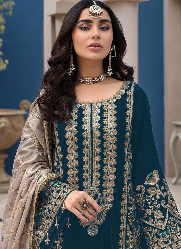 Faux Georgette Salwar Suit in Teal Enhanced with Embroidered