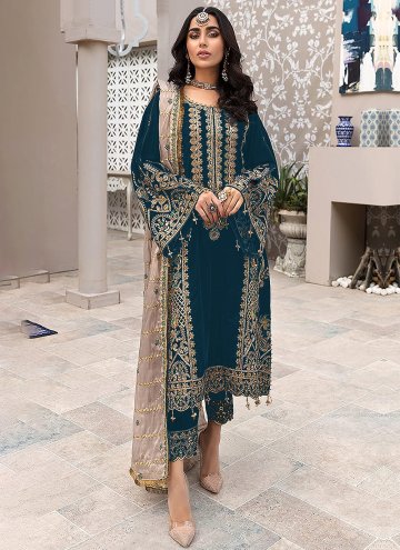 Faux Georgette Salwar Suit in Teal Enhanced with Embroidered