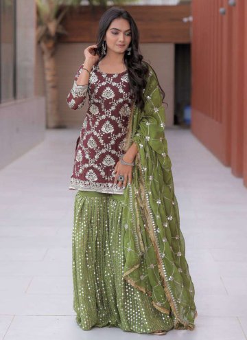 Faux Georgette Salwar Suit in Wine Enhanced with Embroidered