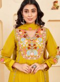 Faux Georgette Salwar Suit in Yellow Enhanced with Embroidered - 1