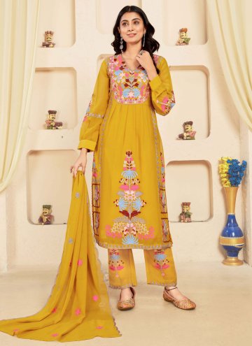 Faux Georgette Salwar Suit in Yellow Enhanced with Embroidered
