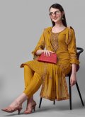 Faux Georgette Straight Suit in Mustard Enhanced with Aari Work - 2