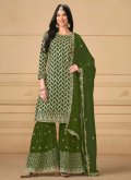 Faux Georgette Trendy Salwar Kameez in Green Enhanced with Embroidered - 1