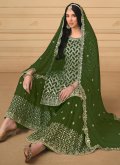 Faux Georgette Trendy Salwar Kameez in Green Enhanced with Embroidered - 2