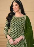 Faux Georgette Trendy Salwar Kameez in Green Enhanced with Embroidered - 3