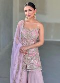 Faux Georgette Trendy Salwar Kameez in Lavender Enhanced with Embroidered - 1