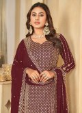 Faux Georgette Trendy Salwar Kameez in Maroon Enhanced with Embroidered - 1