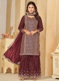 Faux Georgette Trendy Salwar Kameez in Maroon Enhanced with Embroidered - 3