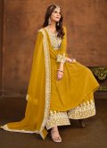 Faux Georgette Trendy Salwar Kameez in Mustard Enhanced with Embroidered - 2