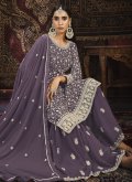 Faux Georgette Trendy Salwar Kameez in Purple Enhanced with Embroidered - 1