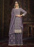 Faux Georgette Trendy Salwar Kameez in Purple Enhanced with Embroidered - 2