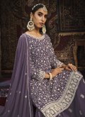 Faux Georgette Trendy Salwar Kameez in Purple Enhanced with Embroidered - 3