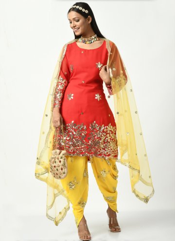 Faux Georgette Trendy Salwar Kameez in Red Enhanced with Embroidered