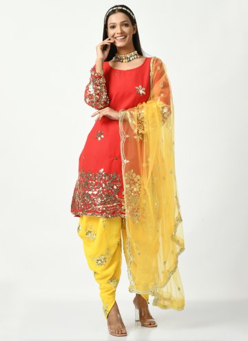 Faux Georgette Trendy Salwar Kameez in Red Enhanced with Embroidered