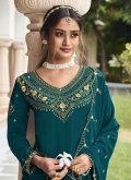 Faux Georgette Trendy Salwar Kameez in Teal Enhanced with Embroidered - 1
