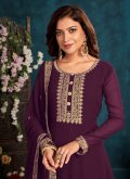 Faux Georgette Trendy Salwar Kameez in Violet Enhanced with Embroidered - 2