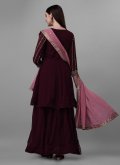 Faux Georgette Trendy Salwar Kameez in Wine Enhanced with Embroidered - 2