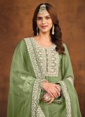 Faux Georgette Trendy Salwar Suit in Green Enhanced with Embroidered - 1