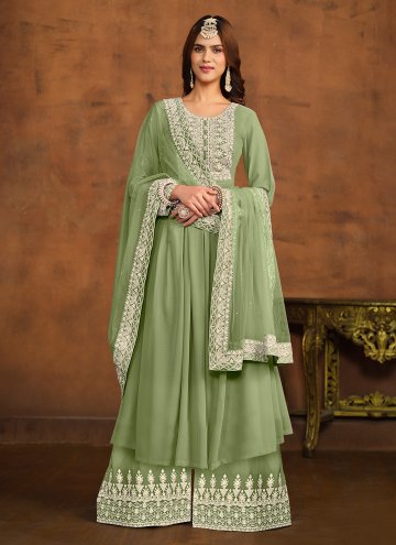 Faux Georgette Trendy Salwar Suit in Green Enhanced with Embroidered