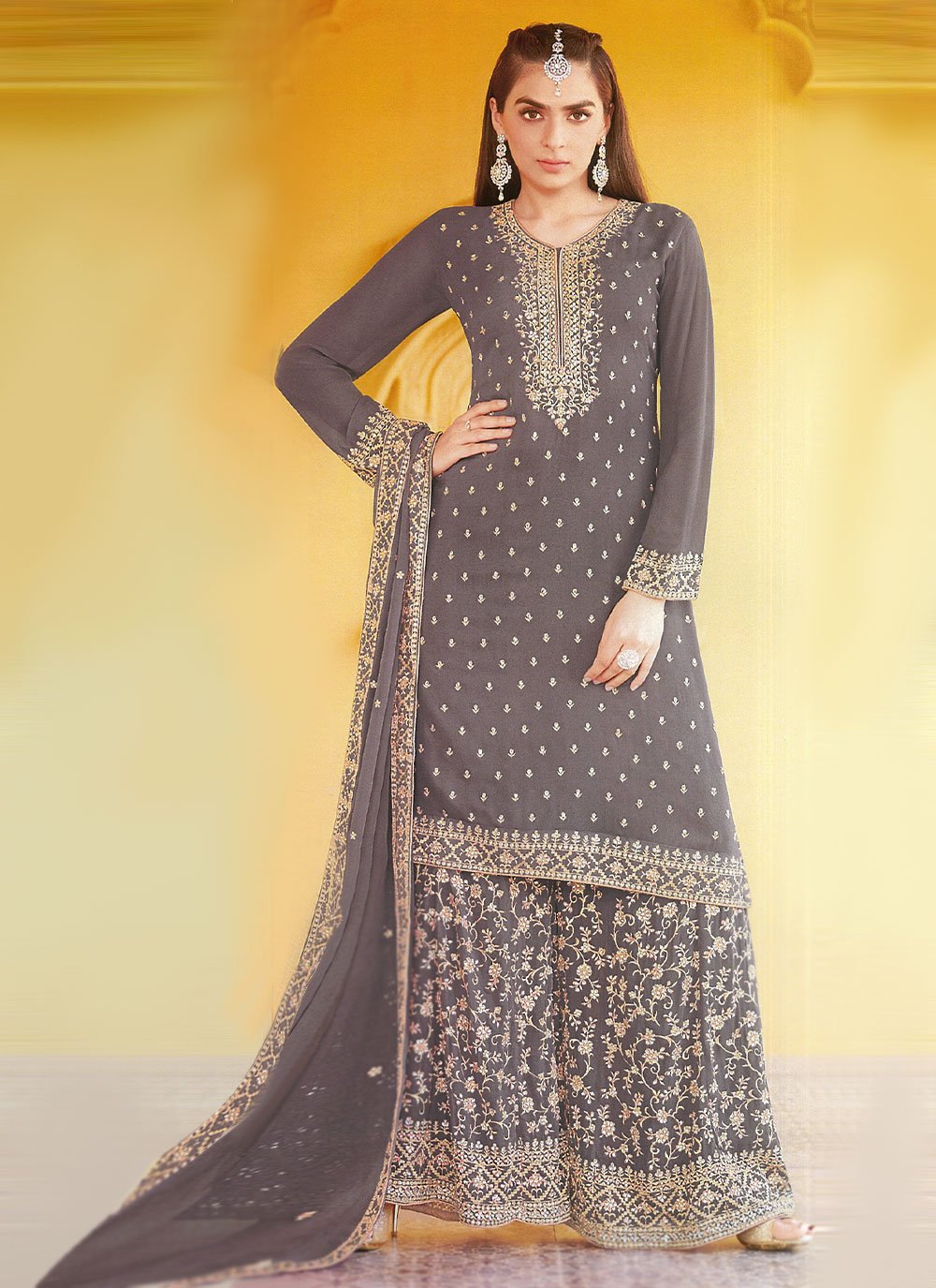 Faux Georgette Trendy Salwar Suit in Grey Enhanced with Embroidered