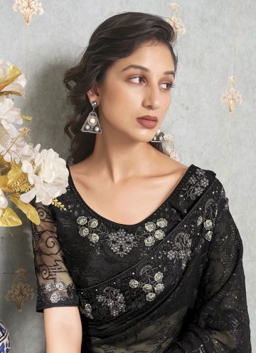 Faux Georgette Trendy Saree in Black Enhanced with