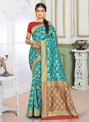 Firozi color Silk Classic Designer Saree with Wove