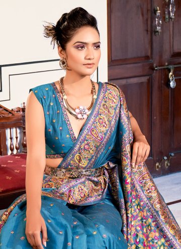 Firozi color Woven Satin Silk Classic Designer Saree